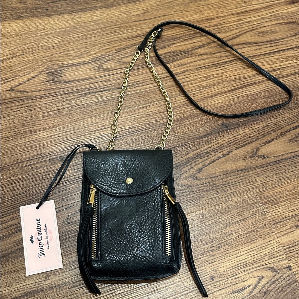 NWT Juicy Couture Black Leather Mini Crossbody with Chain Straps